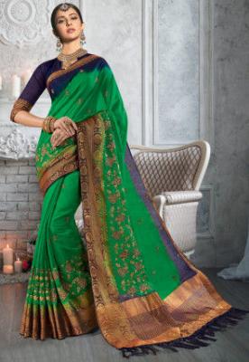 Embroidered Cotton Saree in Green