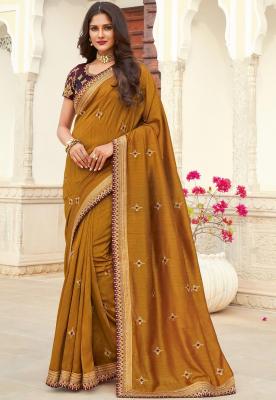 Embroidered Art Silk Saree in Mustard