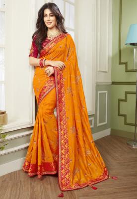 Embroidered Art Silk Saree in Mustard
