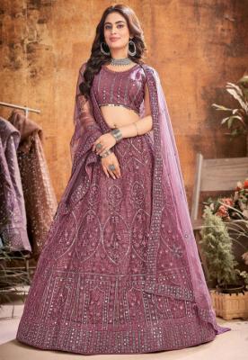 Zoom  Embroidered Net Lehenga in Purple