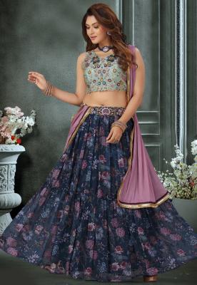 Hand Embroidered Georgette Lehenga in Navy Blue